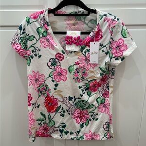 Lilly Pulitzer Floral V-Neck Tee - Pink, Green, and White with matching earrings